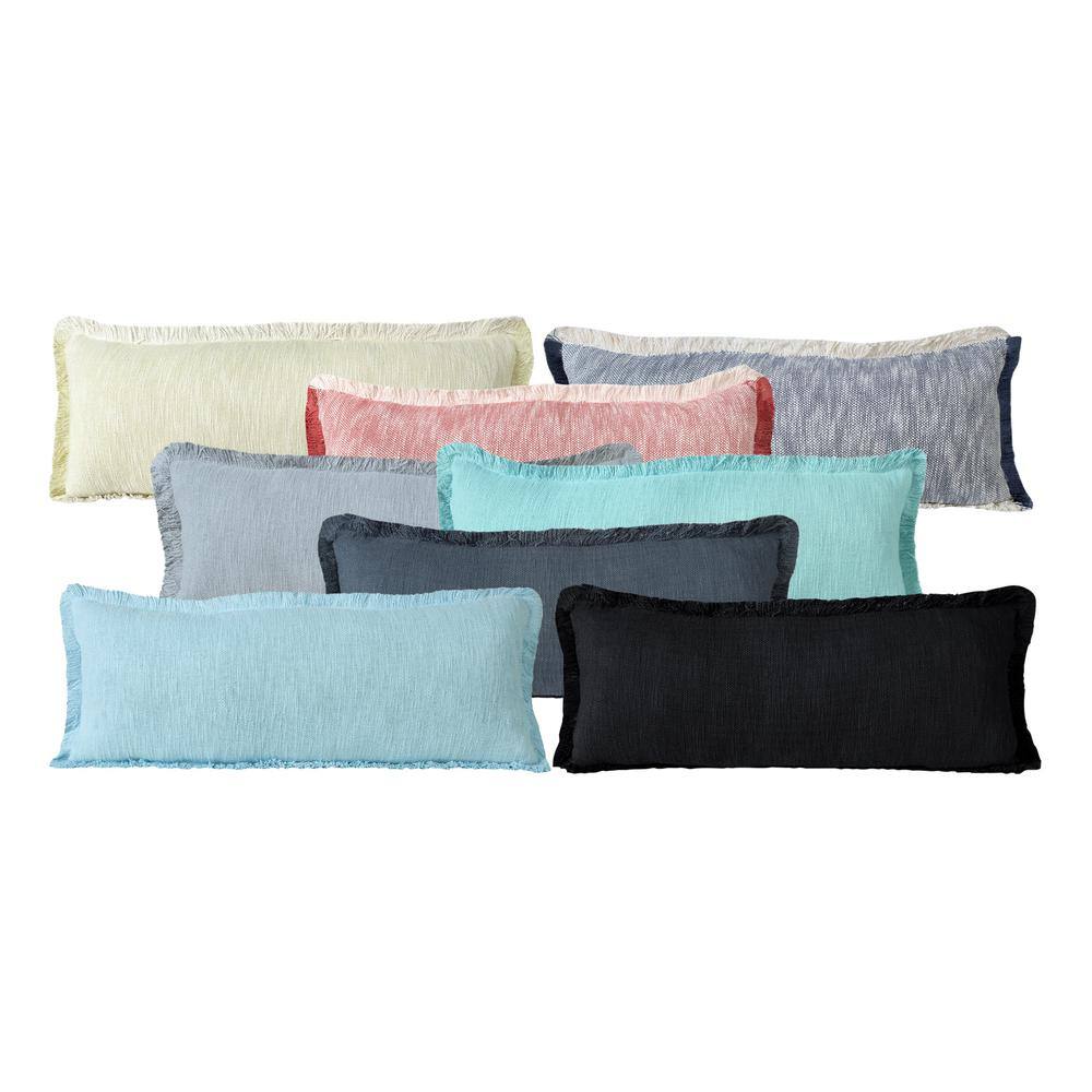 Navy Blue and White Cotton Lumbar Pillow with Fringe