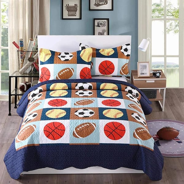 MarCielo A13 Navy Basketball and Rugby Full Size Polyester Quilt Bedspread Set