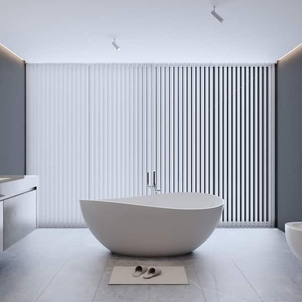 62.99 in. x 37.40 in. Flat Bottom Stone Resin Freestanding Soaking Bathtub with Center Drain in White