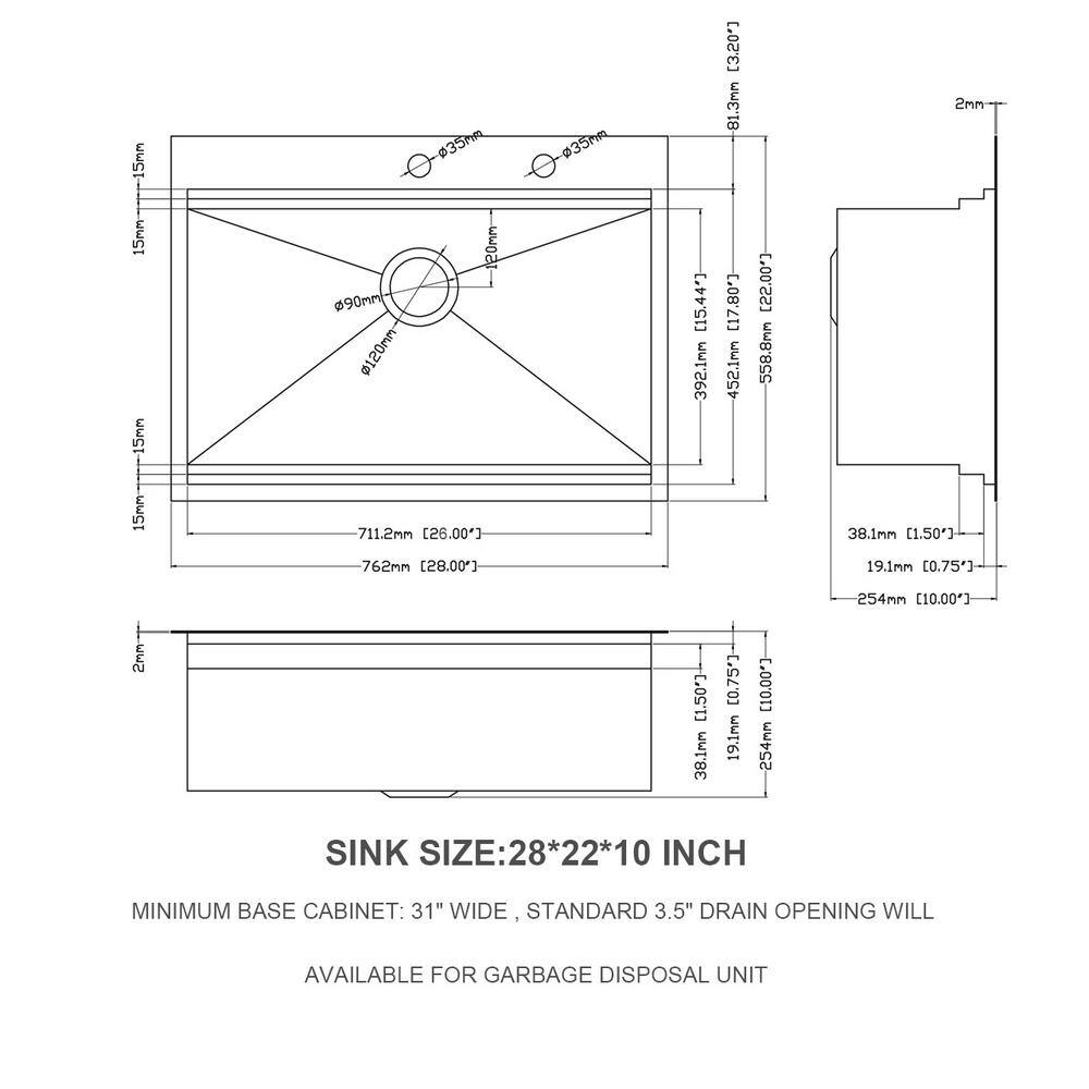 28 in. Brushed Nickel Stainless Steel Single Bowl Drop-In Sink