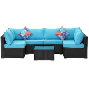 7-Piece Black PE Wicker Patio Conversation Set with Blue Cushions for Garden, Backyard, Balcony, Lawn, Seats 6-Person