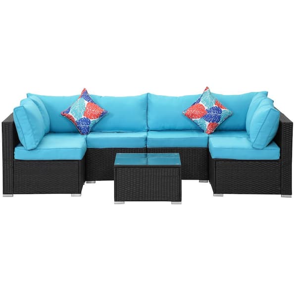 Zeus & Ruta 7-Piece Black PE Wicker Patio Conversation Set with Blue Cushions for Garden, Backyard, Balcony, Lawn, Seats 6-Person