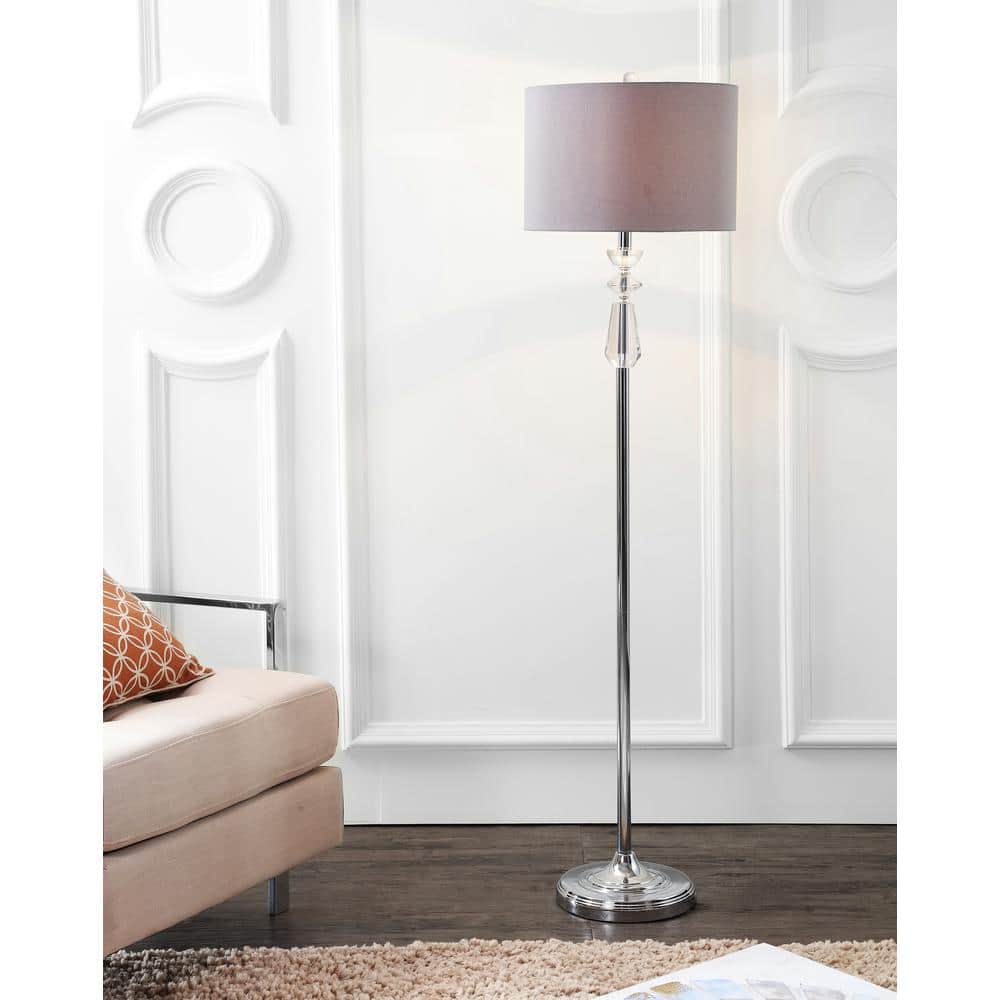 Layla Polished Chrome 59.5" Crystal Floor Lamp with Gray Drum Shade