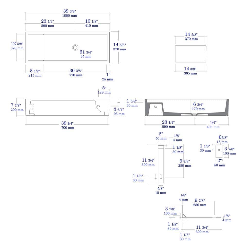 White Ceramic 39.4'' Rectangular Bathroom Trough Sink
