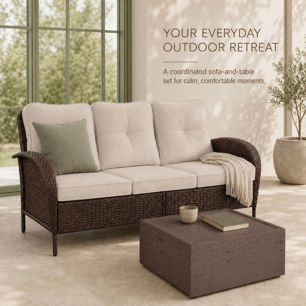 3-Seat Wicker Outdoor Patio Sofa with Cushions and Coffee Table