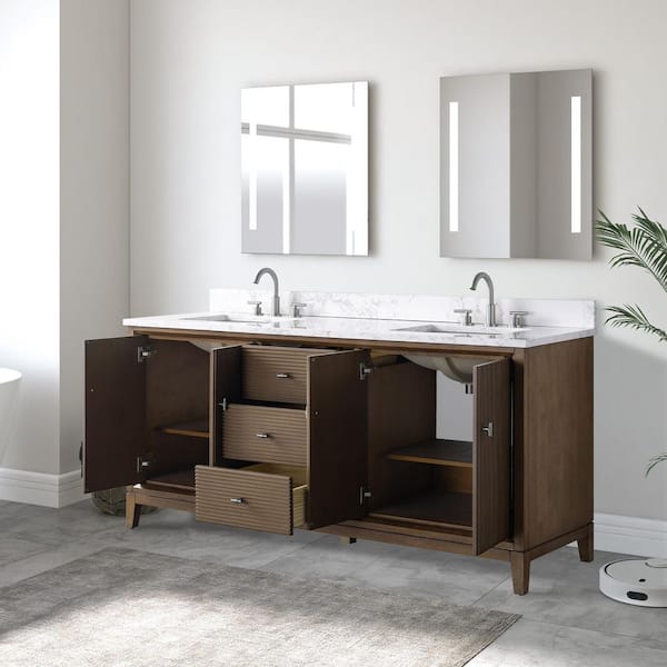 72 in. W Double Sink Freestanding Walnut Bath Vanity Cabinet with Arabescato White Engineered Marble Top