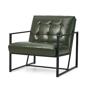 Mid-Century Modern Hunter Green Leatherette Button-tufted Accent Arm Chair with Black Metal Frame
