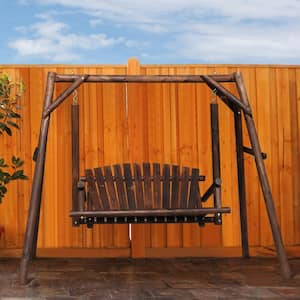 2-Person Wood Patio Swing With A-Shaped Stand and Adjustable Hooks, Carbonized