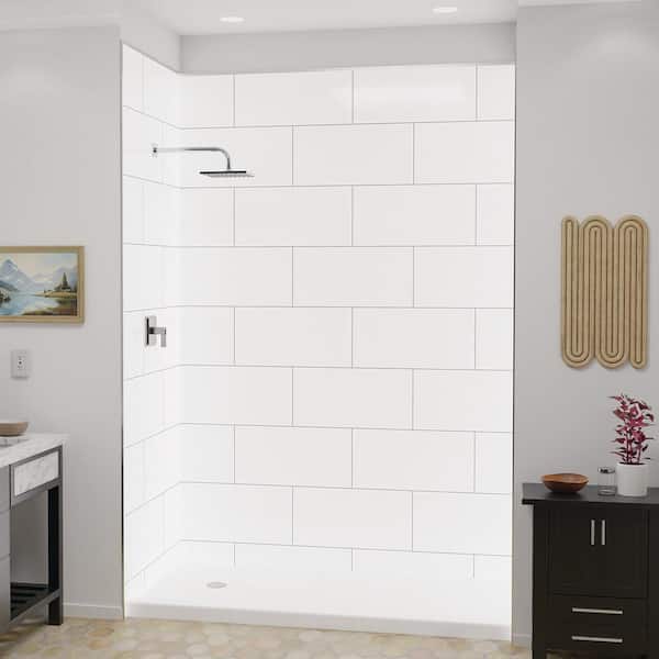 FlexStyle 36 in. x 60 in. W x 80 in. H 3 Piece Glue Up Alcove Shower Wall Surround in WH Block Brushed Nickel Trim