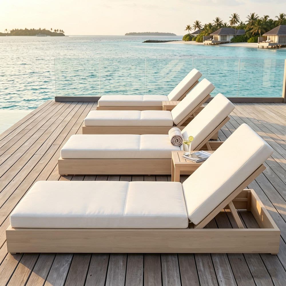 Sand Finish Acacia Wood Outdoor Patio Chaise Lounge with Cream Cushions (Set of 4)
