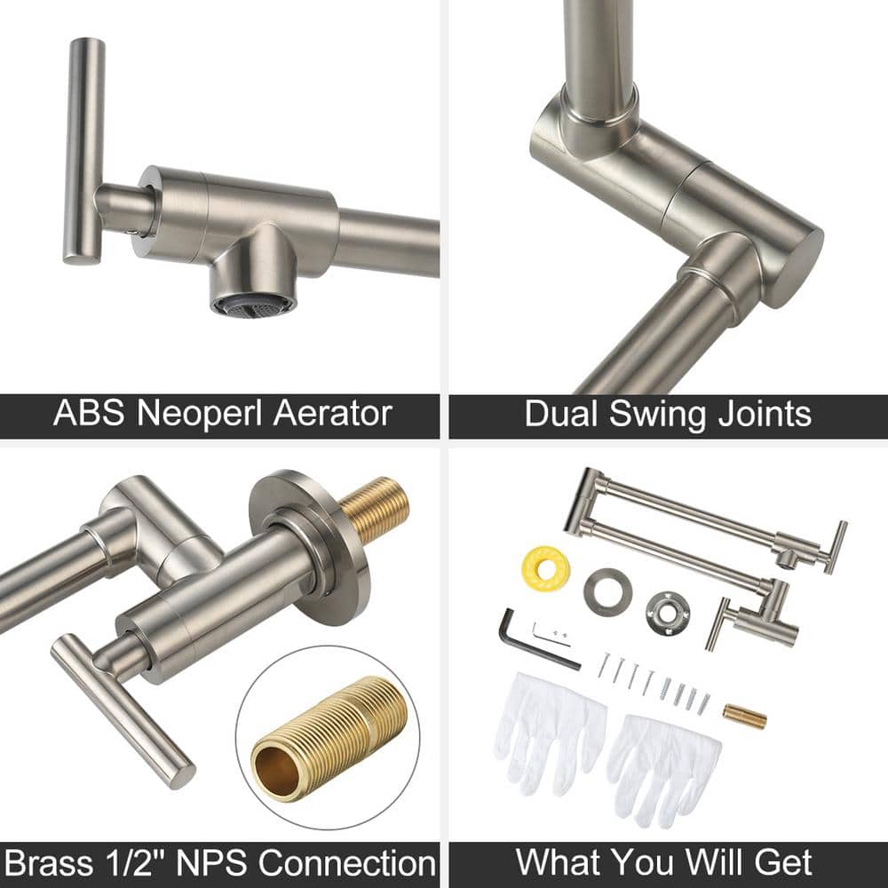 Brushed Nickel Wall Mount Double Handle Pot Filler Faucet