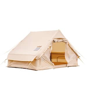 7 ft. x 10 ft. 2-4 Person Inflatable Camping Tent with Pump, 68 sft Cabin Tent, Cotton Canvas Tent in 4 seasons, Beige