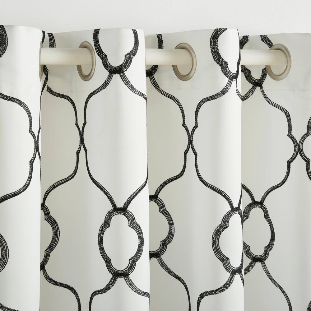 Winter Black Embroidered Blackout Grommet Curtain Panels