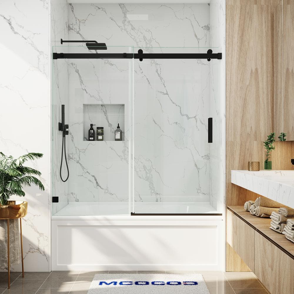 56-60.5 in. W x 66 in. H Single Sliding Frameless Soft Close Tub Door in Matte Black with 3/8 in. Clear Glass price history on PriceWatchPro