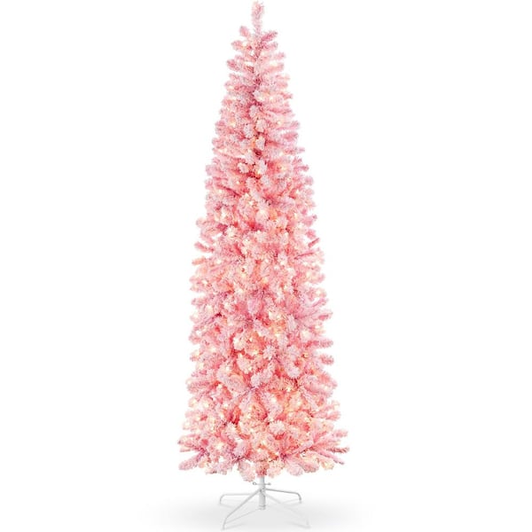 7. 5ft. Pink Pre-Lit Incandescent Flocked Pencil Artificial Christmas Tree with Clear White Lights