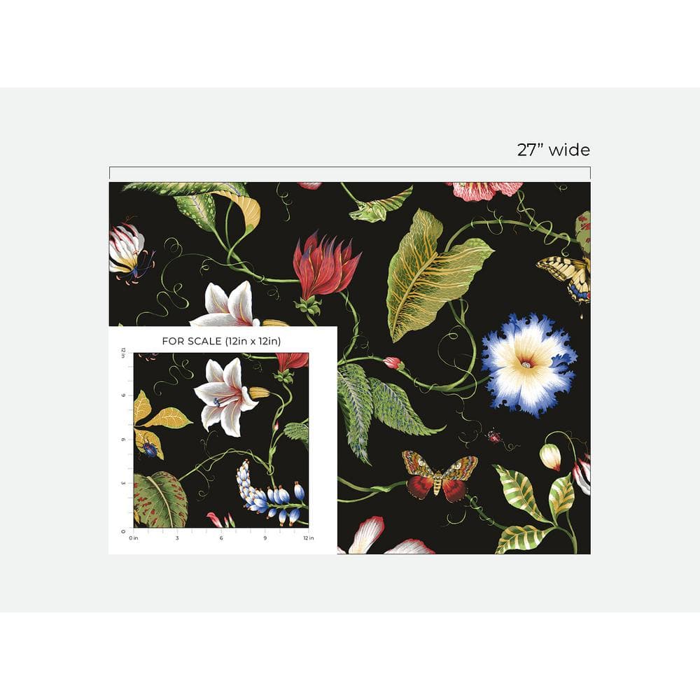 Jet Black Floral Peel and Stick Vinyl Wallpaper