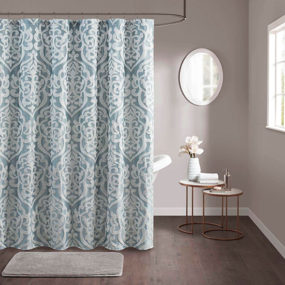 Aqua and Silver Damask Jacquard Fabric Shower Curtain