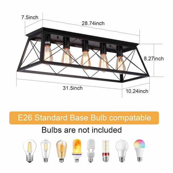 TinHon 31.5 in. 5-Light Matte Black Industrial Flush Mount Ceiling