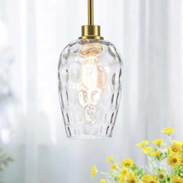 RayHome 60W 1-Light Modern Gold Adjustable Height Pendant Light with Hand-Blow Hammered Glass for Kitchen Bedroom