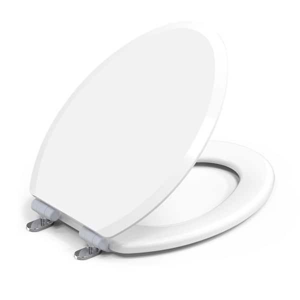 Magic Hinge Elongated Soft Close StainShield Wood Toilet Seat in White