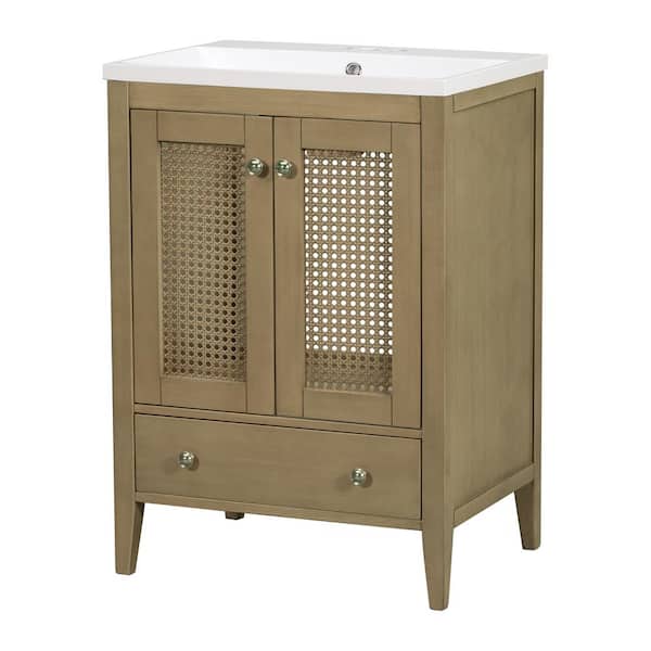 Hooseng Grondin 23.6 in. W x 17.9 in. D x 33 in. H Free Standing Bath Vanity in Natural with White Ceramic Top and Rattan Doors