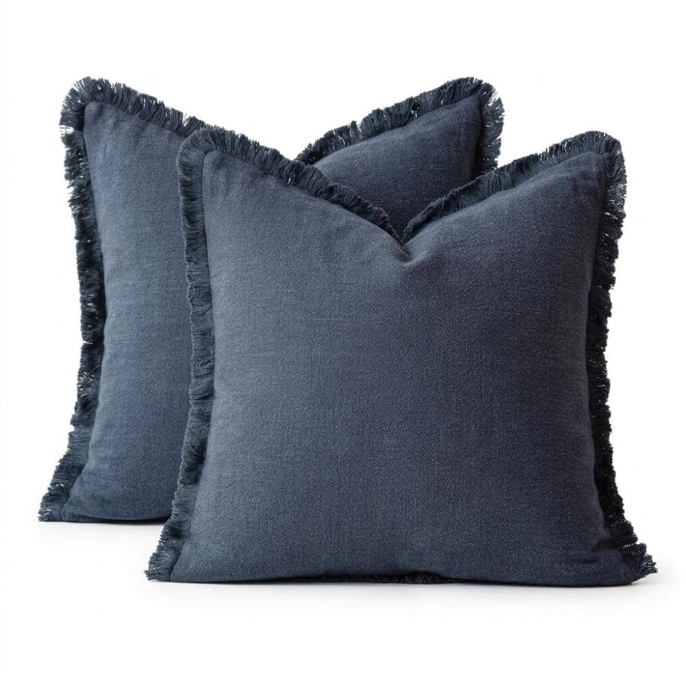 Navy Blue Tassels 18 in. x 18 in. Throw Pillow Cover Set of 2