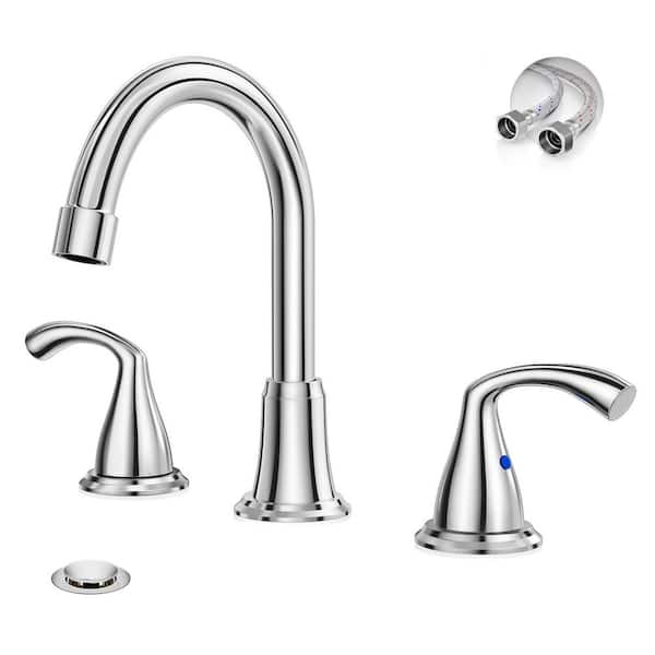 8 Inch Widespread Chrome Bath Sink Faucet, 2 Handle 3 Hole Bath Faucet with Metal Pop up Drain and Water Supply Lines