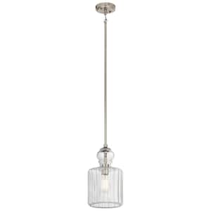 Riviera 13.75 in. 1-Light Brushed Nickel Transitional Shaded Kitchen Pendant Hanging Light with Clear Ribbed Glass