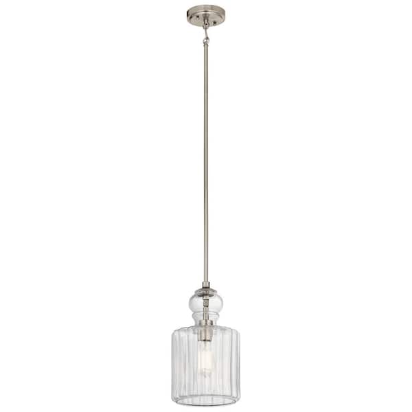 KICHLER Riviera 13.75 in. 1-Light Brushed Nickel Transitional Shaded Kitchen Pendant Hanging Light with Clear Ribbed Glass