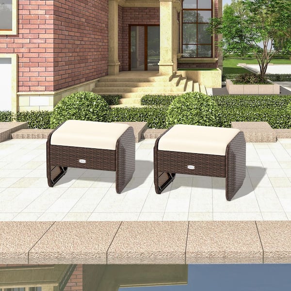 Brown Wicker Outdoor Ottoman with Beige Cushion