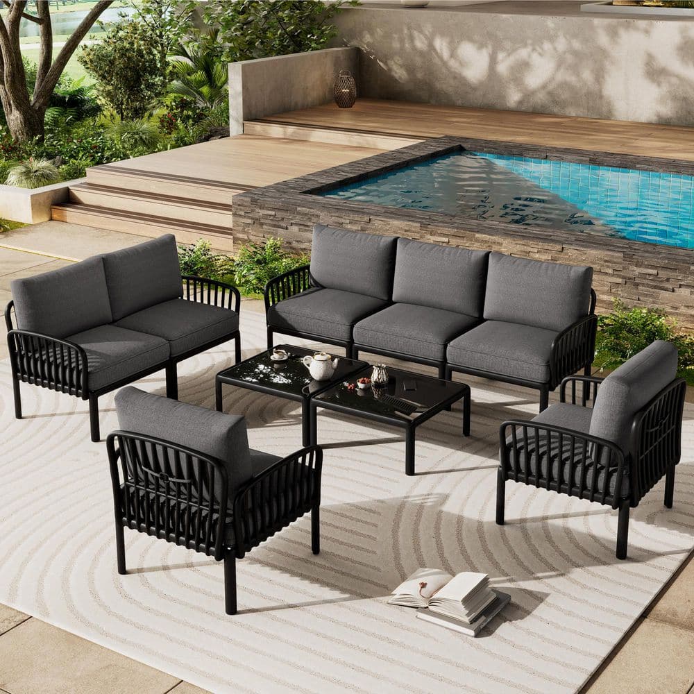9-Piece Outdoor Conversation Sets with Dark Gray Cushions and Two Coffee Ta