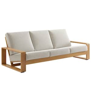 Lirienne Aluminum Faux Wood Outdoor Sofa in Ivory Natural-Weather-Resistant Patio Couch with Removable Fabric Cushions
