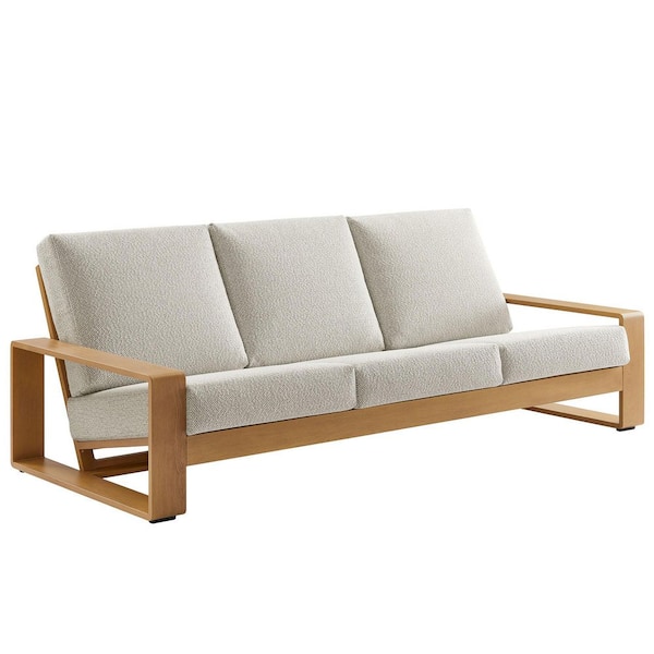 Lirienne Aluminum Faux Wood Outdoor Sofa in Ivory Natural-Weather-Resistant Patio Couch with Removable Fabric Cushions