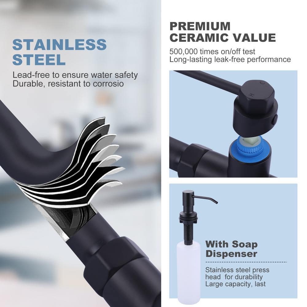 Matte Black Stainless Steel Pull-Out Spray Kitchen Faucet with Soap Dispenser