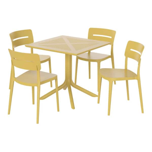 Frond and Form Yellow Plastic All Weather 5-Piece Square Table Modern Outdoor Patio Dining Set w/ 4 Stackable Chairs