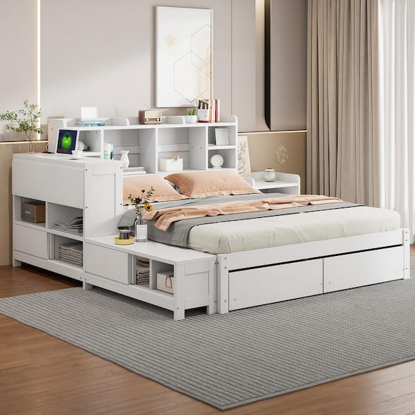 White Wood Frame Full Platform Bed with Nightstand, Shelves, USB Charging, 2 Drawers, Desk