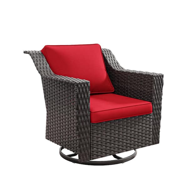 JOYSIDE Wicker Outdoor Rocking Chair Patio Swivel Chair with Red Cushion