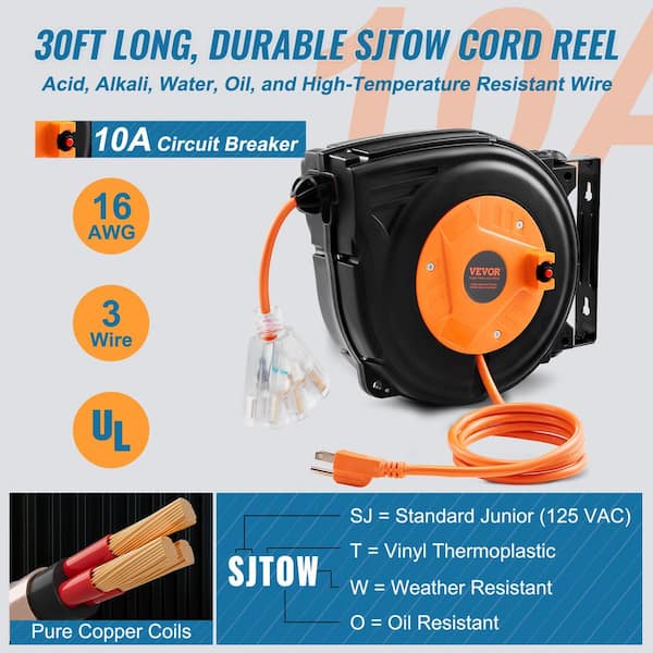VEVOR 30 ft. 16 AWG/3C 10 Amp Retractable Extension Cord Reel SJTOW Power  Cord with Lighted Tri-Tap end Outlet Circuit Breaker SDKJXQ30FT163GKFCV1 -  The Home Depot