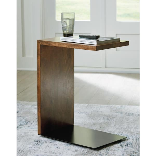 Signature DESIGN BY ASHLEY Wimshaw 12 in. Brown Rectangle Wood End Table with Shelves and Storage and Pedestal Base