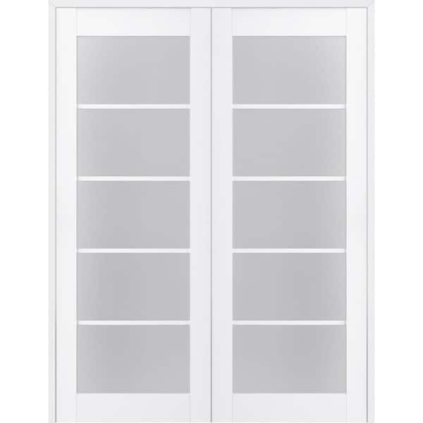 Paola 72 in.x 96 in. Both Active 5-Lite Frosted Glass Bianco Noble Finished Wood Composite Double Prehung French Door