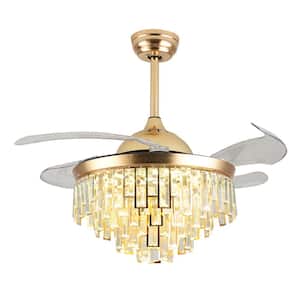 42 in. Integrated LED Indoor Gold Modern Crystal 3-Speed Ceiling Fan with Retractable Blades and 3-Color Led Light