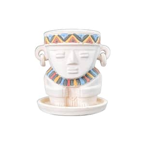 Indio Medium 5 in. tall white with color details,  Clay indoor planter with plate