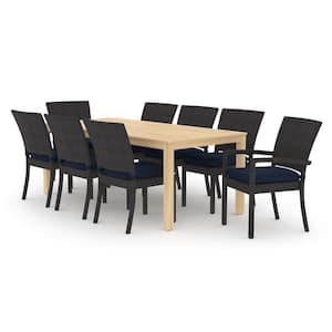 Deco/Kooper 9-Piece Wicker and Wood Outdoor Dining Set with Sunbrella Navy Blue Cushions