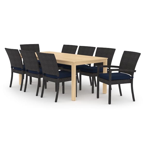 RST BRANDS Deco/Kooper 9-Piece Wicker and Wood Outdoor Dining Set with Sunbrella Navy Blue Cushions