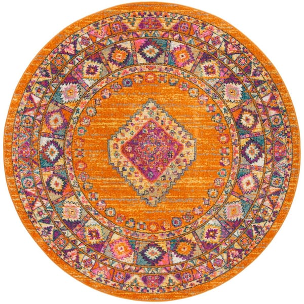 SAFAVIEH Madison Orange/Fuchsia 8 ft. x 8 ft. Border Floral Geometric Medallion Round Area Rug