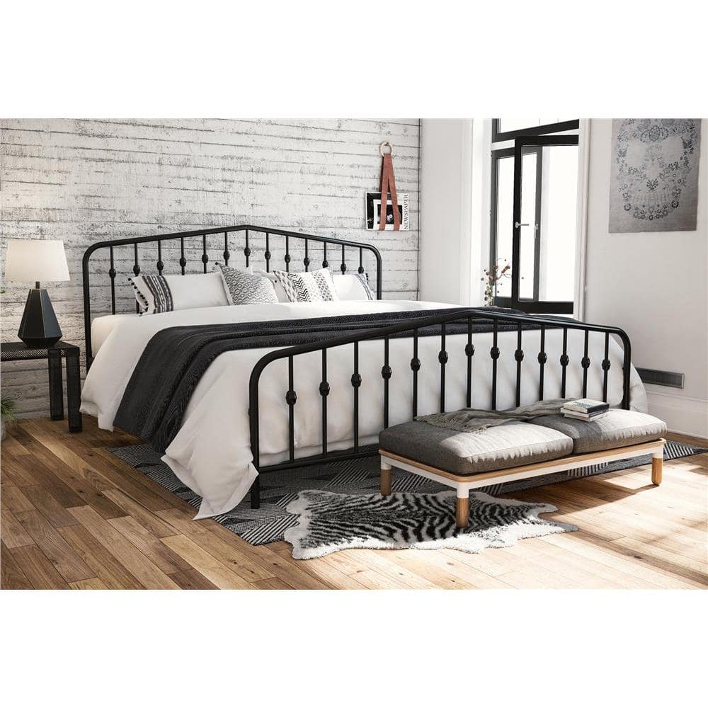 King-Sized Black Pine and Metal Upholstered Bed with Storage Drawer