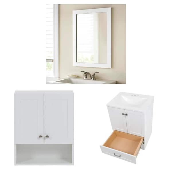 20 in. x 27 in. White Wood Framed Mirror, 21 in. x 8 in. x 26 in. Shaker Cabinet and 25 in. Sink Vanity Combo