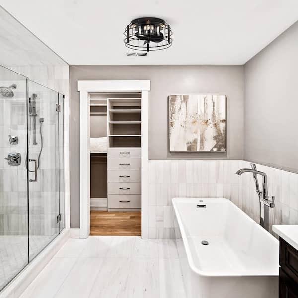 12.7 in. Indoor Matte Black Flush Mount Crystal Cage Ceiling Fan with Light and Remote Control