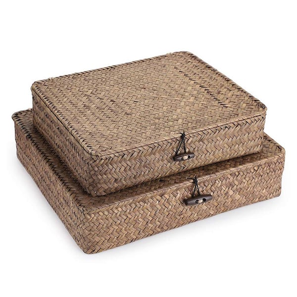 Natural Seagrass 11in x 9.25in and 13in x 11.2in Woven Storage Baskets with Lid Set of 2 for Home Organization