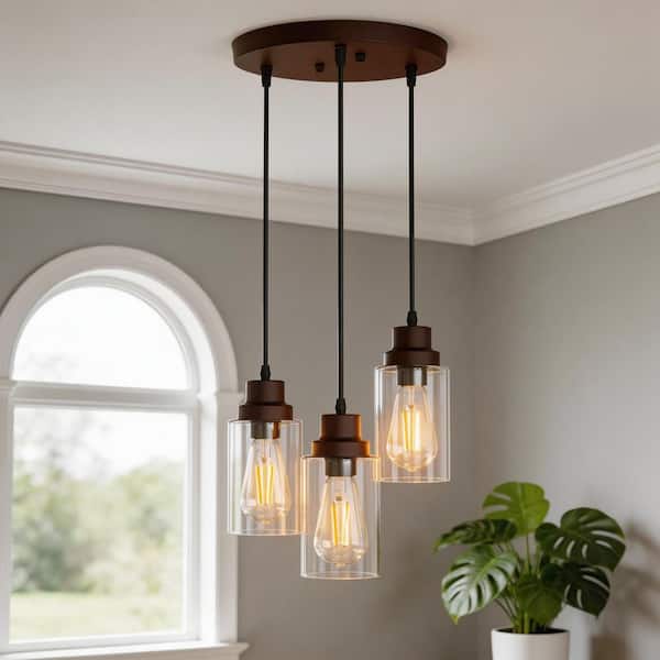 3-Light Oil Rubbed Bronze Vintage Cluster Hanging Ceiling light Fixture Pendant with Clear Glass Shade for Kitchen